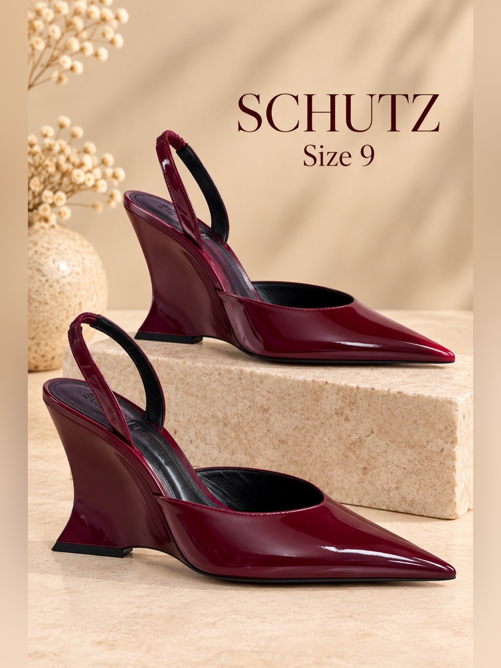 SCHUTZ Siena Rubi Wine Patent Slingback Wedge Pumps Size 9